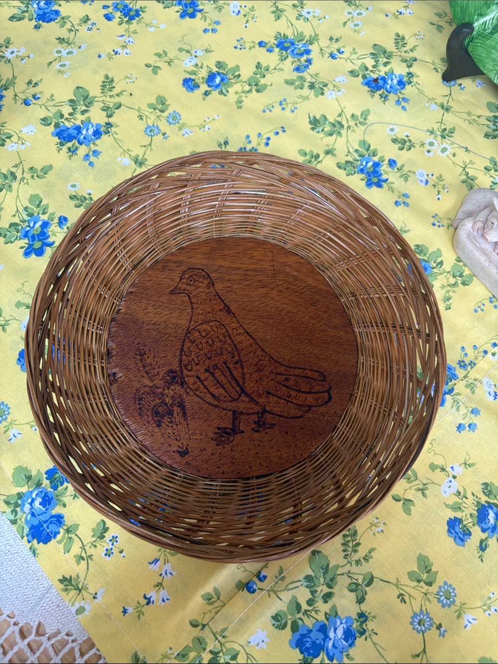 Unique Vintage Brown Woven Basket with Carved Bird Center